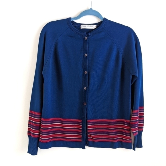 𝅺VINTAGE Givenchy Sport Navy Cardigan with Red and Khaki Banding 38 - Picture 1 of 14